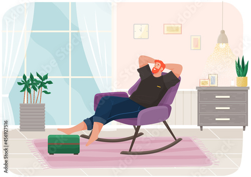 Man lying on sofa in apartment. Happy young guy relaxing, dreaming. Rest on couch and think about something. Home leisure. Male character lies on divan and smiles, enjoying time at home after work
