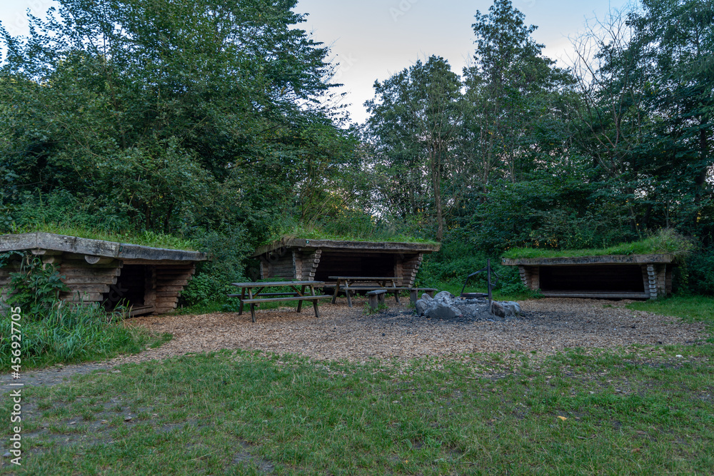 Three Shelters, hidden in the woods outside the city, bench and fireplace