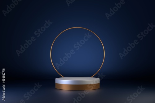 Gold pedestal or podium on dark background for product demonstration.  3D rendering. © Una