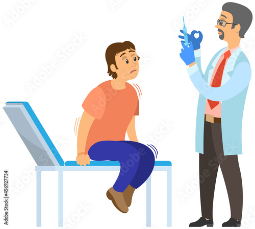 Doctor making treatment with vaccine to produce immunity against disease, young man afraid of inoculation campaign. Male character suffering from fear of injection. Fear of syringes, phobia, horror