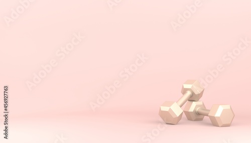 Golden dumbbells on pastel pink background. Female workout concept. 3D rendered illustration.