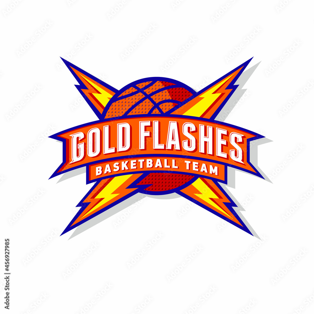 Gold Flashes emblem. Basketball ball with ribbons, letters and flashes or lightning. Emblem for sport team, equipment, clothes, sport club. Gold Flashes emblem. Basketball ball with ribbons, letters and flashes or lightning. Emblem for sport team, equipment, clothes, sport club.