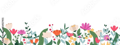 Horizontal seamless banner decorated with blooming flowers and leaves. Spring floral backdrop. Flat vector illustration on white background