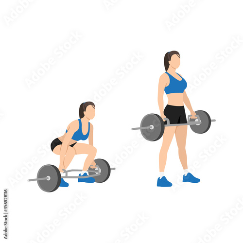 Woman doing Hex trap bar. Cage deadlifts. Squats exercise. Flat vector illustration isolated on white background