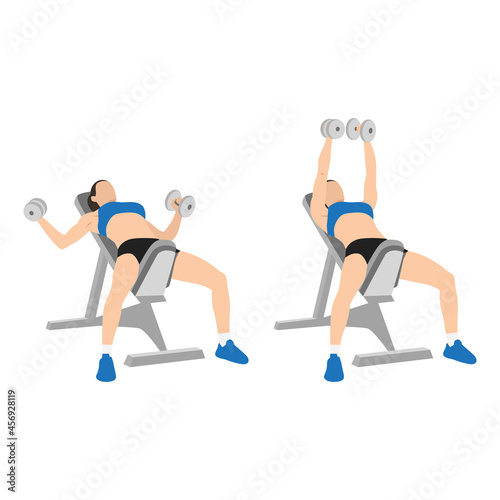 Woman doing Incline bench dumbbell flyes exercise. Flat vector illustration isolated on white background