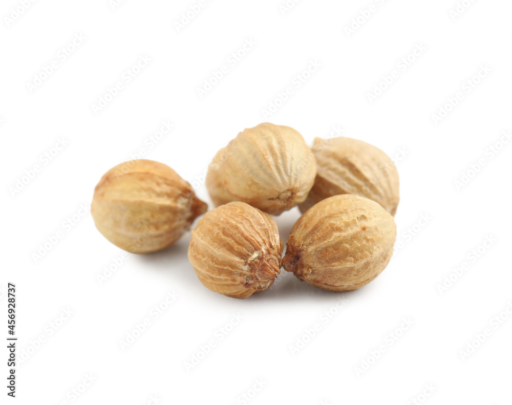 Heap of dried coriander seeds on white background, closeup Heap of dried coriander seeds on white background, closeup
