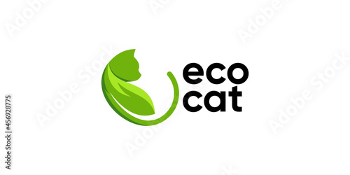 Cat with leaf, eco cat logo design template