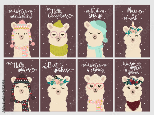 Set of Holiday cards with cute cartoon llama and slogan..Alpaca wearing knitted hat and scarf with snowflakes back. Vector, isolated. Hello winter. Hand drawn illustration