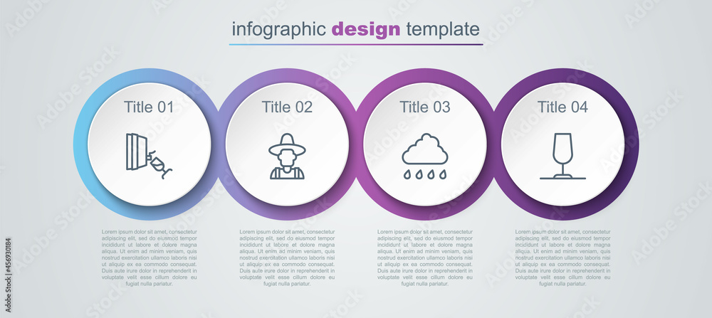 Set line Wine tasting, degustation, Farmer the hat, Cloud with rain and glass. Business infographic template. Vector