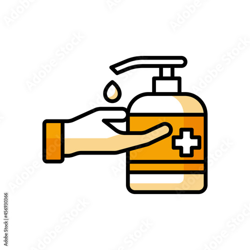Washing hand with sanitizer liquid soap vector line icon