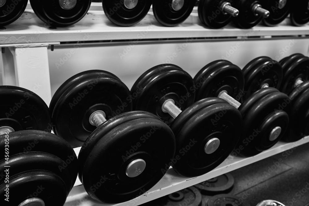 dumbbells in the gym. sports dumbbells in in a rack in sports club. black and white photo dumbbells in the gym. sports dumbbells in in a rack in sports club. black and white photo