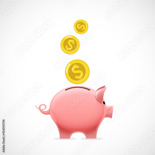 Gold dollar coins falling into a piggy bank