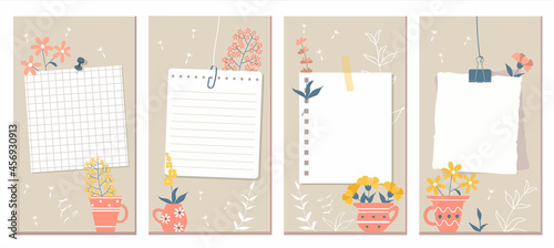 Social Media Stories Layout Set. Flowers, pink mugs and contours of plants on a beige background. White pages of different notebooks pinned or taped to the wall. Vector illustration, flat style.