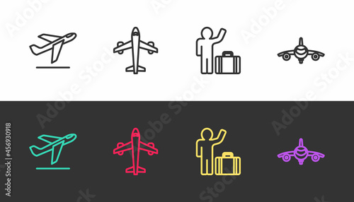 Set line Plane takeoff, , Tourist with suitcase and on black and white. Vector