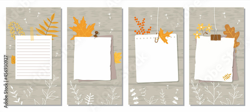 Social Media Stories Layout Set. Yellow flowers and leaves, white contours of plants on a grey wood texture background. Pages of different notebooks pinned or taped to the wall. Vector illustration