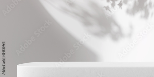 Product display podium stand with shadow nature leaves on white background. 3D rendering