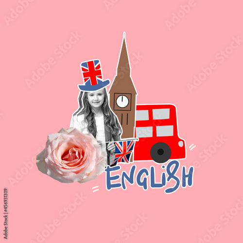 Collage of modern art girl with an English flag and a bus and Big Ben. Concept of education, learning foreign languages.