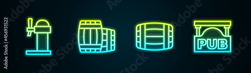 Set line Dispenser beer, Wooden barrel, and Street signboard with Pub. Glowing neon icon. Vector