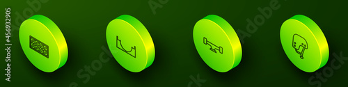 Set Isometric line Skateboard wheel, park, and helmet icon. Vector