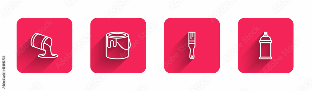 Fototapeta premium Set line Paint bucket, brush and spray can with long shadow. Red square button. Vector