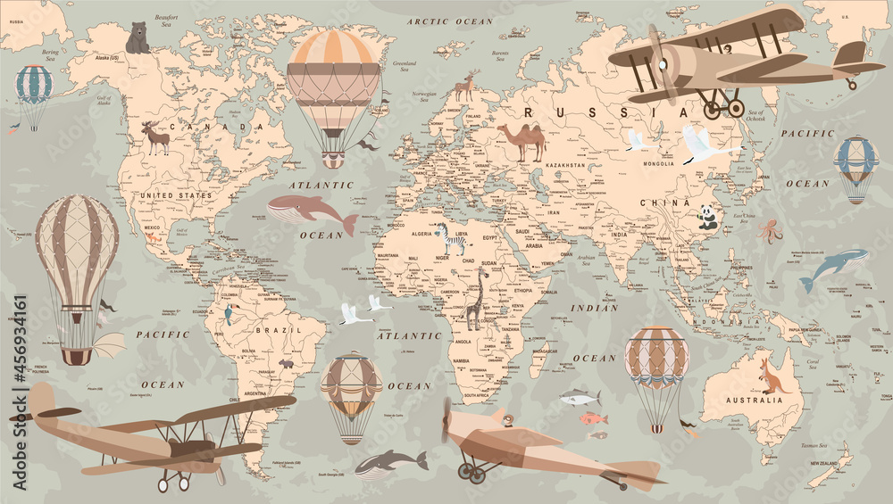 childrens retro world map with balloons and animals  - obrazy, fototapety, plakaty 
