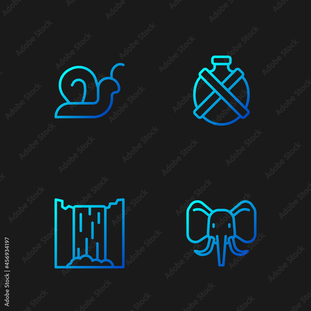 Obraz premium Set line Elephant, Waterfall, Snail and Canteen water bottle. Gradient color icons. Vector