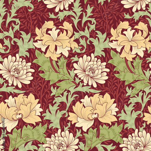 Floral seamless pattern with big flowers on burgundy background. Vector illustration.