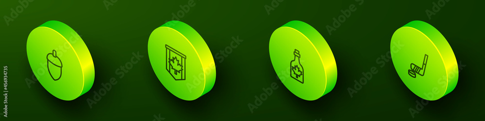 Set Isometric line Acorn, Pennant flag of Canada, Bottle maple syrup and Ice hockey stick and puck icon. Vector Set Isometric line Acorn, Pennant flag of Canada, Bottle maple syrup and Ice hockey stick and puck icon. Vector