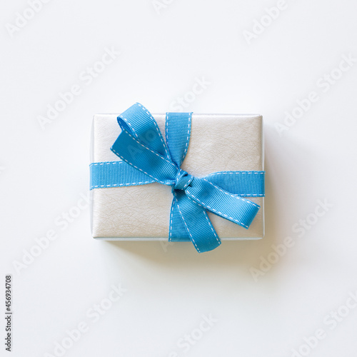 Silver gift box isolated on white background. top view, copy space