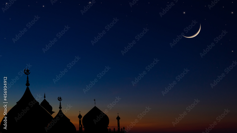 mosque in the night and crescent moon