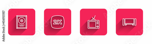 Set line CD disk award in frame, 2k Ultra HD, Retro tv and Smart Tv with long shadow. Red square button. Vector