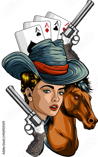 western girl with revolver and head horse