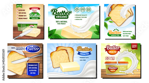 Butter Creative Promotional Posters Set Vector. Butter Block And Blank Packages, Knife Kitchenware And Milk Splash, Sandwich Toast And Leaves Advertising Banners. Style Concept Template Illustrations