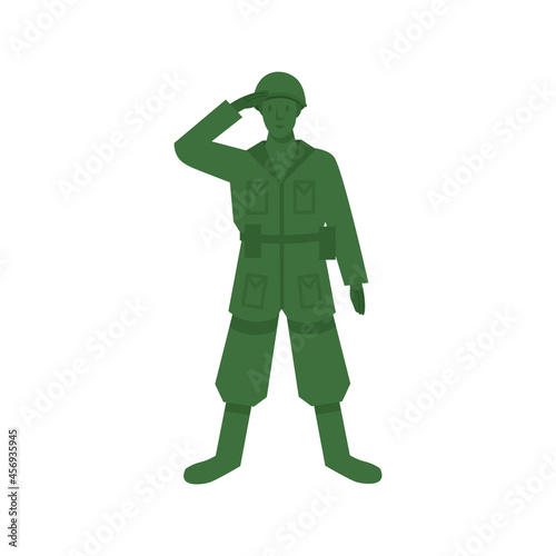 Green toy soldier on white background. Cartoon illustration, vector.