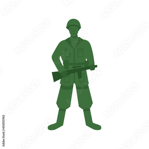 Green toy soldier on white background. Cartoon illustration, vector.