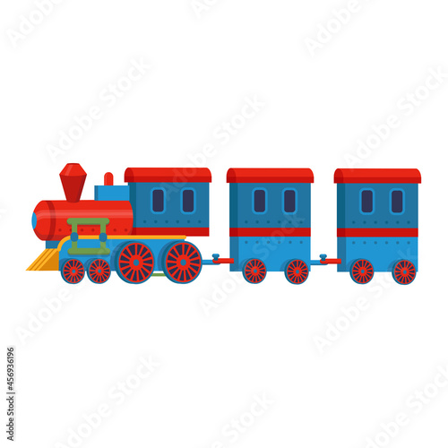 Train toy with carriages on white background. Cartoon illustration, vector.
