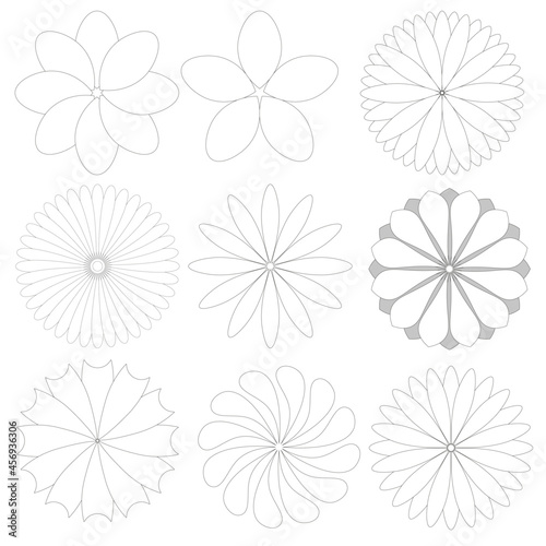 set of radial flowers, thin black lines on a white background, collection of vector design elements