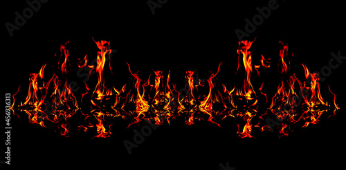 Panorama Texture of fire on a black background.Relection of fire and Flames on dark background.