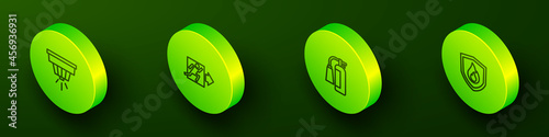 Set Isometric line Smoke alarm system, Fire exit, extinguisher and protection shield icon. Vector