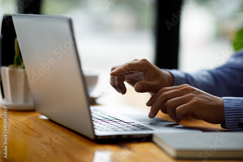 Fototapeta Naklejka Na Ścianę i Meble -  Close up of hands typing on computer keyboard panoramic banner, businessman or student using laptop at home, online learning, internet marketing, people working office workplace, freelance concept