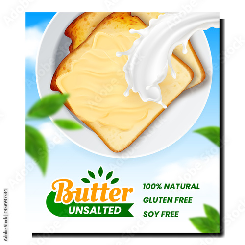 Butter Unsalted Fat Product Promo Poster Vector. Sandwich With Smear Butter On Plate, Milk Splash And Leaves On Advertise Banner. Natural Gluten And Soy Free Nutrient Style Concept Mockup Illustration