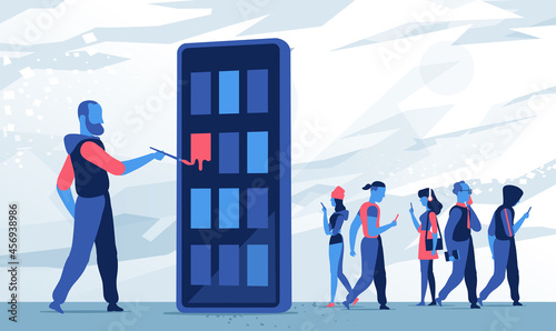 Sviluppatore creativo dipinge le app per smartphone mentre persone camminano usando i loro cellulari