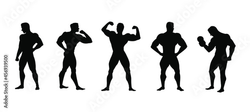 Strong man showing muscles silhouette. Muscular bodybuilder full length body set vector illustration