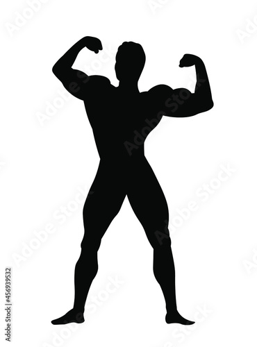 Strong man showing muscles silhouette. Muscular bodybuilder full length body vector illustration