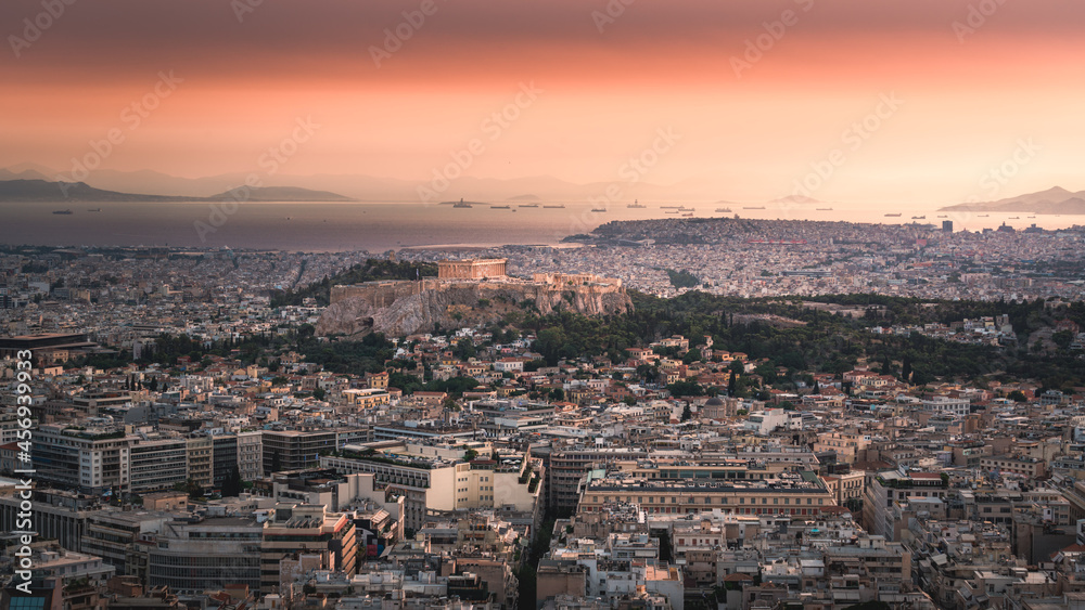 High angle view of Acropolis and Athens city in Greece at sunset from the Lycabettus Hill