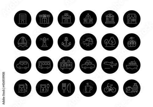 building and vehicle vector icon set for web development apps, websites, infographics, maps