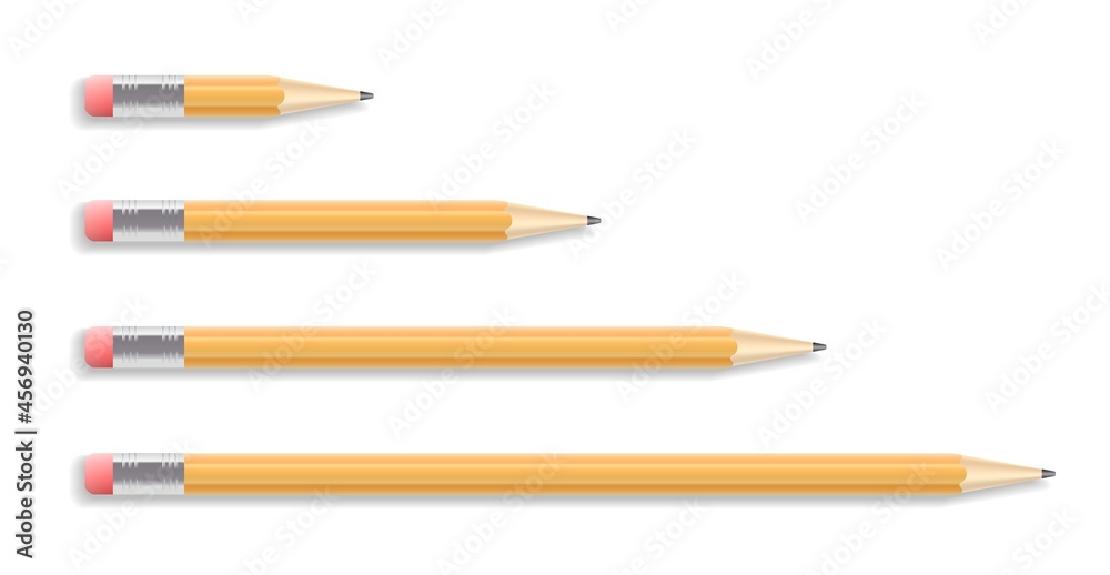 Set of four realistic drawing pencils with rubber isolated on white background Set of four realistic drawing pencils with rubber isolated on white background