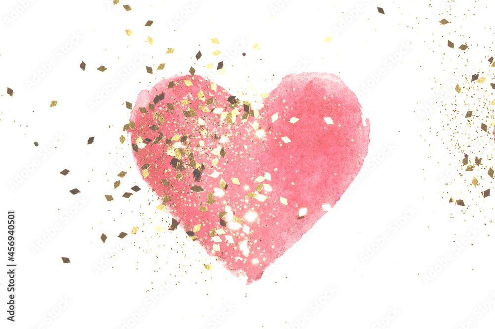 Abstract pink watercolor heart and golden glitter in vintage nostalgic colors on white background