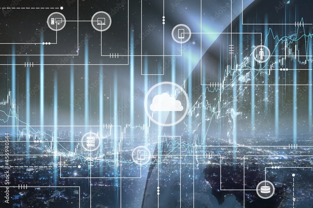 Business people point to the virtual hologram in the internet cyberspace, graph the rising trend