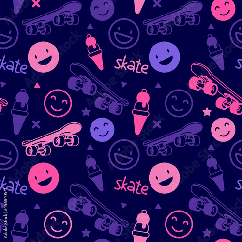 Skateboarding Seamless Pattern with Cartoon Skateboard and Smile, Word. Vector Illustration of Neon Color Skate Board with Ice Cream. Line Art Style Skate Dark Background